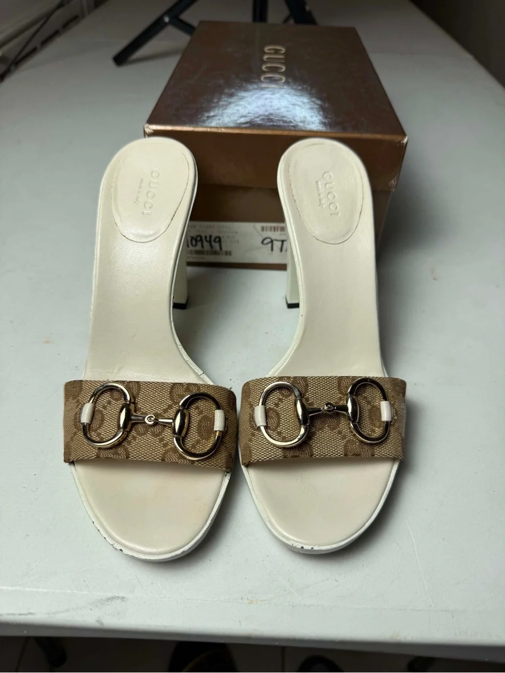 Damage Gucci Brown/Beige GG Canvas Horsebit Slide Sandals Sz 7.5 cracked soles